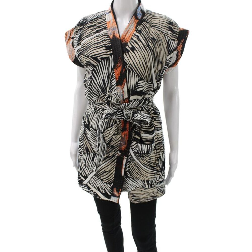 Balkanica Women Black Cotton Striped Kimono Jacket Short Sleeve Tie Size S